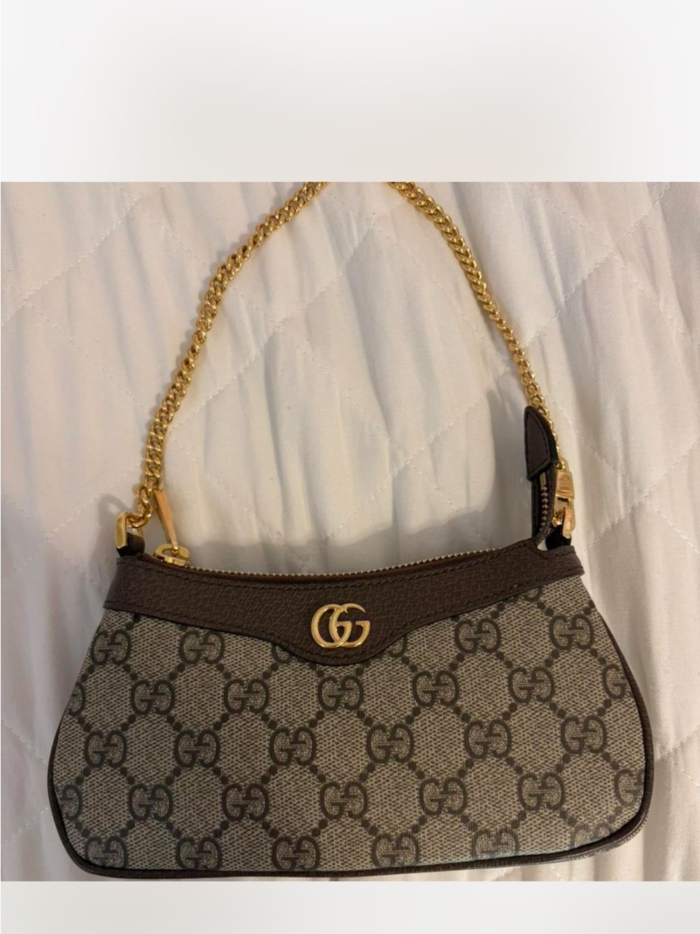 Gucci Beige Brown GG Canvas Shoulder Bag with Gold Chain